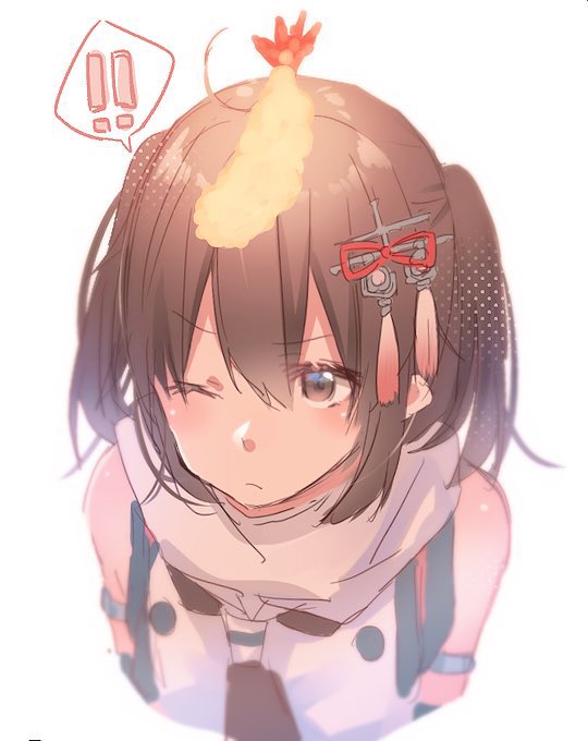 ! !! 1girl bangs blush brown_eyes brown_hair closed_mouth eyebrows_visible_through_hair food food_on_head hair_between_eyes hair_ornament kantai_collection medium_hair object_on_head one_eye_closed remodel_(kantai_collection) rinto_(rint_rnt) scarf sendai_(kantai_collection) shrimp shrimp_tempura simple_background sleeveless solo spoken_exclamation_mark tempura two_side_up upper_body white_background white_scarf