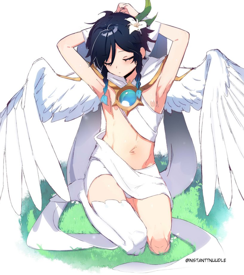 1boy bangs black_hair blue_hair braid closed_eyes commentary english_commentary feathered_wings flower genshin_impact gradient_hair grass hair_flower hair_ornament instanttnoodle male_focus multicolored_hair navel official_alternate_costume short_hair_with_long_locks single_thighhigh solo thigh-highs twin_braids venti_(genshin_impact) white_background white_flower white_wings wings
