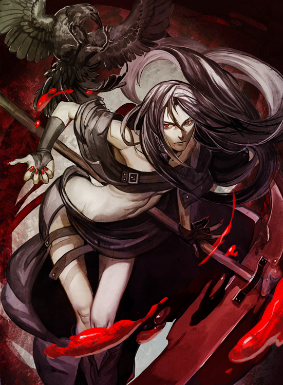 bare_shoulders bird black_hair blood crow guilty_gear kyo_niku long_hair midriff nail_polish red_eyes scythe testament_(guilty_gear) thigh_strap