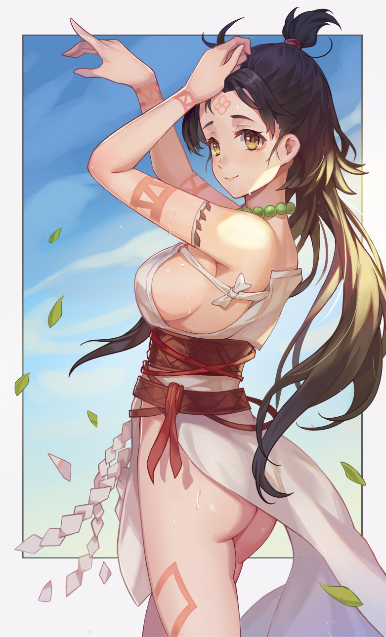 1girl ass back bare_shoulders body_markings breasts brown_eyes brown_hair dress facial_mark fate/grand_order fate_(series) forehead forehead_mark highres himiko_(fate) jolker large_breasts leaf long_hair looking_at_viewer magatama magatama_necklace sash side_slit sideboob smile thighs topknot twintails white_dress