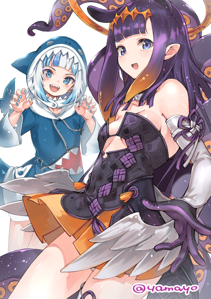 2girls animal_hood bangs blue_eyes blue_hair blush breasts detached_sleeves gawr_gura highres hololive hololive_english hood long_hair long_sleeves looking_at_viewer low_wings medium_hair multicolored_hair multiple_girls ninomae_ina'nis open_mouth purple_hair shark_hood shark_tail silver_hair simple_background single_detached_sleeve smile streaked_hair super_zombie tail tentacle_hair virtual_youtuber white_background wings