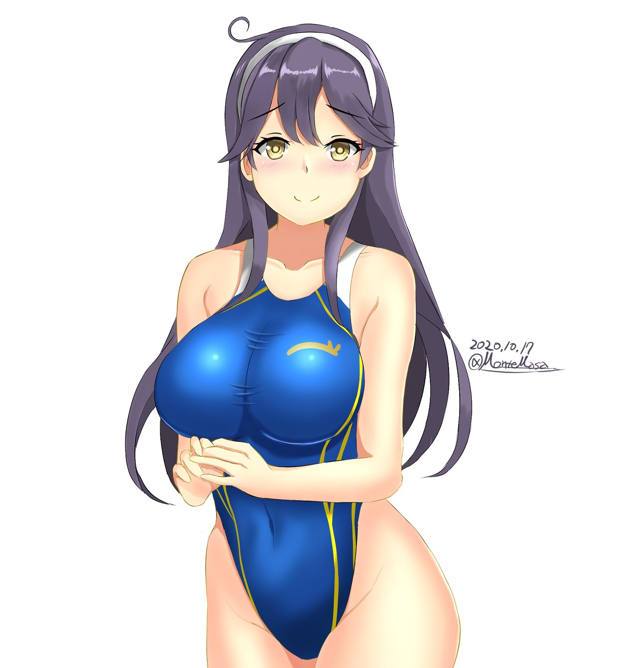 1girl ahoge black_hair blue_swimsuit breasts commentary_request competition_swimsuit dated hairband highleg highleg_swimsuit highres kantai_collection large_breasts long_hair montemasa one-piece_swimsuit remodel_(kantai_collection) signature smile solo swimsuit ushio_(kantai_collection) white_hairband yellow_eyes