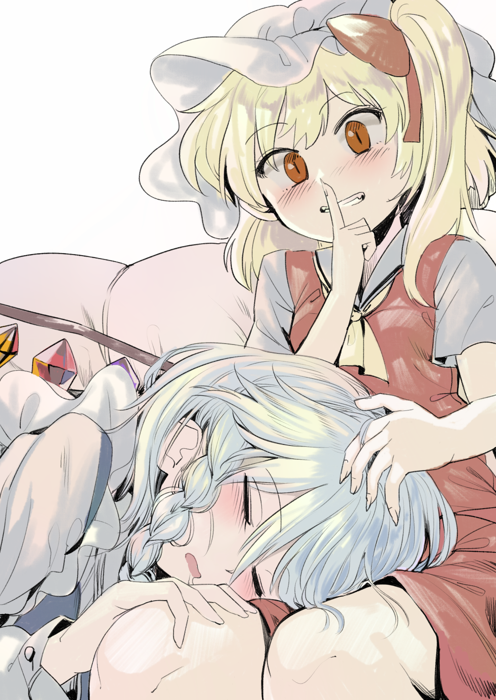 2girls apron blonde_hair braid closed_eyes commentary_request fingernails flandre_scarlet geppewi hat highres izayoi_sakuya lap_pillow long_fingernails long_hair looking_at_viewer maid_apron mob_cap multiple_girls red_eyes red_skirt red_vest shirt silver_hair sitting skirt sleeping slit_pupils smile touhou vest white_headwear white_shirt wings