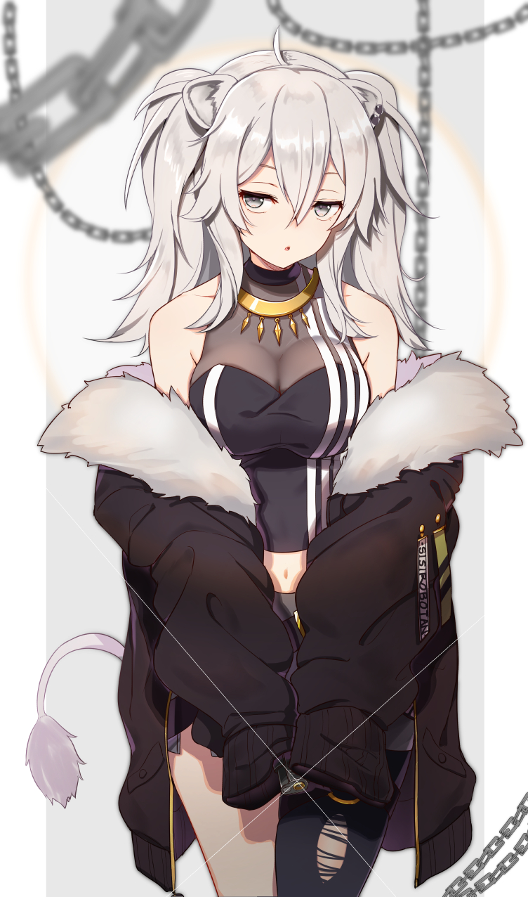 1girl ahoge animal_ears bare_shoulders black_coat black_legwear breasts chain character_name coat commentary_request fur-trimmed_coat fur_trim glint grey_eyes grey_hair gun hair_between_eyes highres hololive large_breasts lion_ears lion_tail looking_at_viewer navel off_shoulder parted_lips shishiro_botan single_thighhigh sleeves_past_fingers sleeves_past_wrists solo sparkle tail thigh-highs torn_clothes torn_legwear virtual_youtuber weapon white_background yuuzuki_(re'ef)