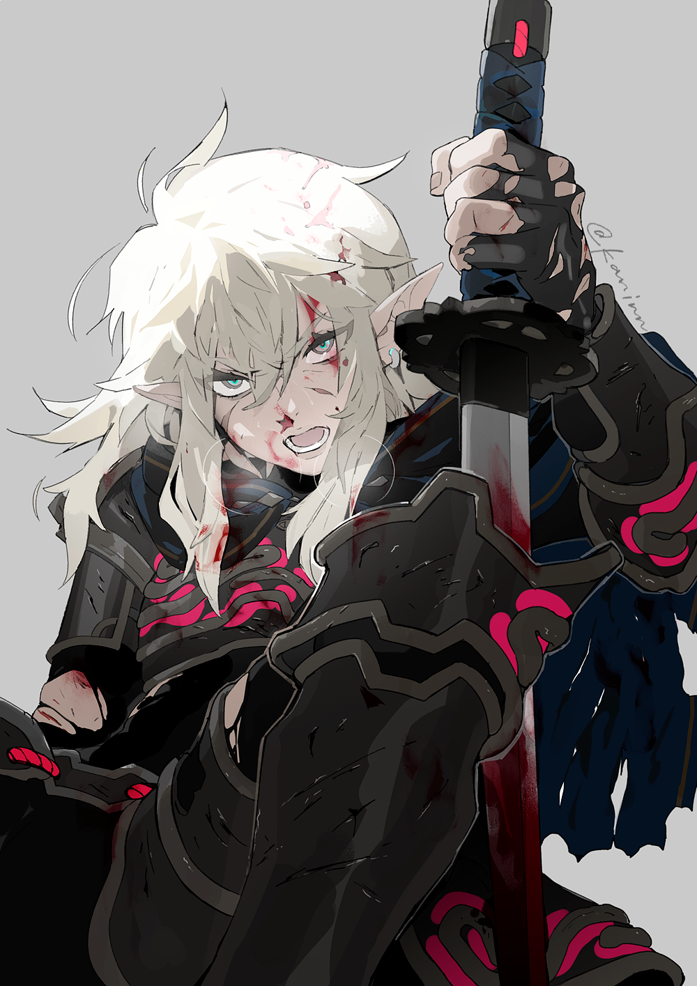 1boy armor artist_name bishounen black_bodysuit bleeding blood blood_on_face bloody_hair bloody_weapon bodysuit breastplate corruption cuts earrings eyebrows_visible_through_hair eyes_visible_through_hair hair_between_eyes heavy_breathing highres holding holding_weapon injury jewelry kaninn link long_hair messy_hair on_ground open_mouth planted_sword planted_weapon pointy_ears scar scratches sidelocks signature silver_hair simple_background solo sweat sword the_legend_of_zelda the_legend_of_zelda:_breath_of_the_wild torn_bodysuit torn_clothes twitter_username v-shaped_eyebrows vambraces weapon