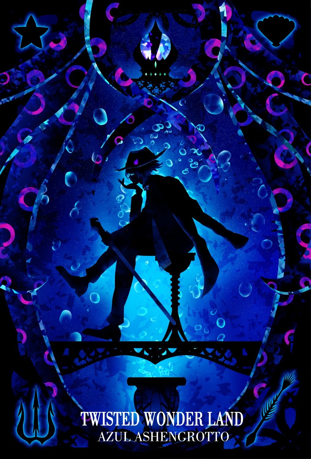 1boy azul_ashengrotto blue_theme character_name chin_rest copyright_name hand_on_own_chin harada_miyuki hat highres holding holding_staff minimalism short_hair silhouette sitting solo spot_color staff tentacles twisted_wonderland