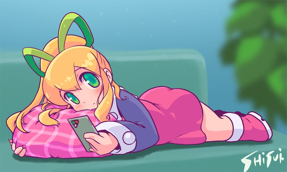 1girl artist_name ass blonde_hair boots cellphone commentary_request couch dress green_eyes long_hair lying on_stomach phone pillow ponytail red_dress red_footwear ribbon rockman rockman_(classic) roll_(rockman) shisui101 short_dress smartphone solo