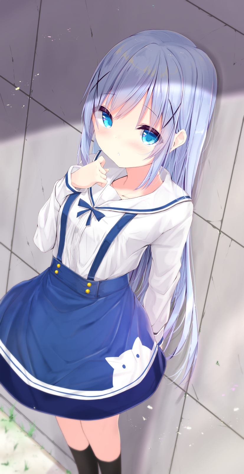 1girl :o bangs black_legwear blue_eyes blue_hair blue_skirt blush breasts commentary_request eyebrows_visible_through_hair gochuumon_wa_usagi_desu_ka? hair_ornament hand_up highres kafuu_chino kneehighs kouda_suzu long_hair long_sleeves looking_at_viewer parted_bangs parted_lips sailor_collar school_uniform serafuku shirt skirt small_breasts solo standing suspender_skirt suspenders very_long_hair white_sailor_collar white_shirt x_hair_ornament