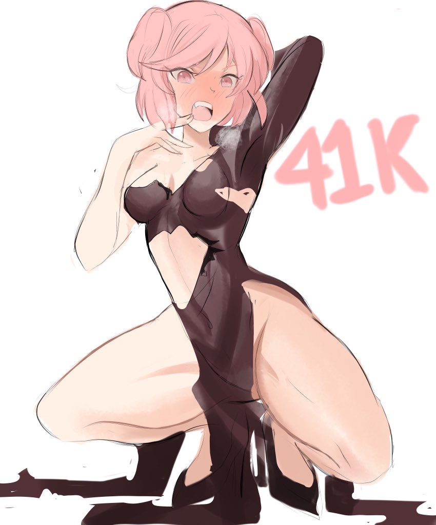 1girl bangs black_dress black_footwear blush breasts cosplay covered_navel doki_doki_literature_club dress followers kneeling long_sleeves looking_at_viewer medium_breasts natsuki_(doki_doki_literature_club) one-punch_man open_mouth pink_eyes pink_hair rakeem_garcia-cueto shoes short_hair simple_background solo tatsumaki tatsumaki_(cosplay) torn_clothes torn_dress white_background