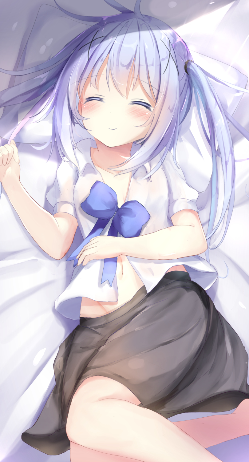 1girl ^_^ bangs bed_sheet black_skirt blue_bow blue_hair blush bow breasts closed_eyes closed_mouth commentary_request eyebrows_visible_through_hair facing_viewer feet_out_of_frame gochuumon_wa_usagi_desu_ka? groin hair_ornament hand_up highres kafuu_chino long_hair na!?_(naxtuyasai) navel pillow puffy_short_sleeves puffy_sleeves shirt short_sleeves skirt small_breasts smile solo twintails very_long_hair white_shirt x_hair_ornament