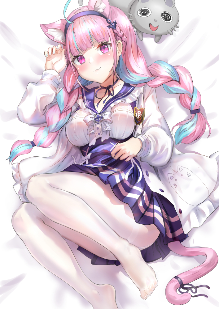 1girl :3 ahoge animal_ear_fluff animal_ears arm_up bangs bed_sheet black_ribbon blue_hair blue_nails blue_sailor_collar blue_skirt blush braid breasts cat_ears cat_girl cat_tail closed_mouth commentary_request eyebrows_visible_through_hair frilled_sailor_collar frills hairband hololive jacket long_hair long_sleeves looking_at_viewer medium_breasts minato_aqua multicolored_hair nail_polish no_shoes open_clothes open_jacket pantyhose pink_hair pleated_skirt puffy_long_sleeves puffy_sleeves purple_hairband qian_wu_atai ribbon sailor_collar shirt skirt smile solo tail tail_ribbon thighband_pantyhose twin_braids twintails two-tone_hair very_long_hair virtual_youtuber white_jacket white_legwear white_shirt