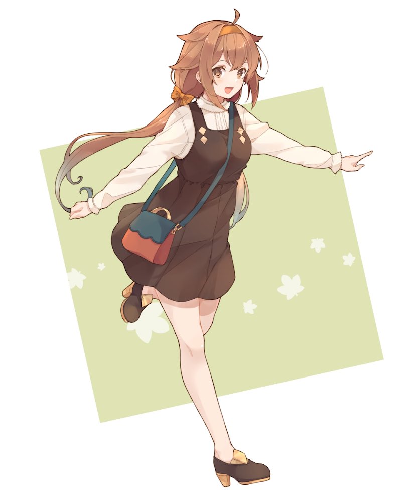 1girl :d alternate_costume alternate_hairstyle bag black_dress black_footwear blush brown_eyes brown_hair dress full_body hair_between_eyes hair_flaps hairband high_heels kantai_collection long_hair long_sleeves low_twintails open_mouth orange_hairband pleated_dress remodel_(kantai_collection) shakemi_(sake_mgmgmg) shiratsuyu_(kantai_collection) shirt shoulder_bag smile solo twintails white_shirt