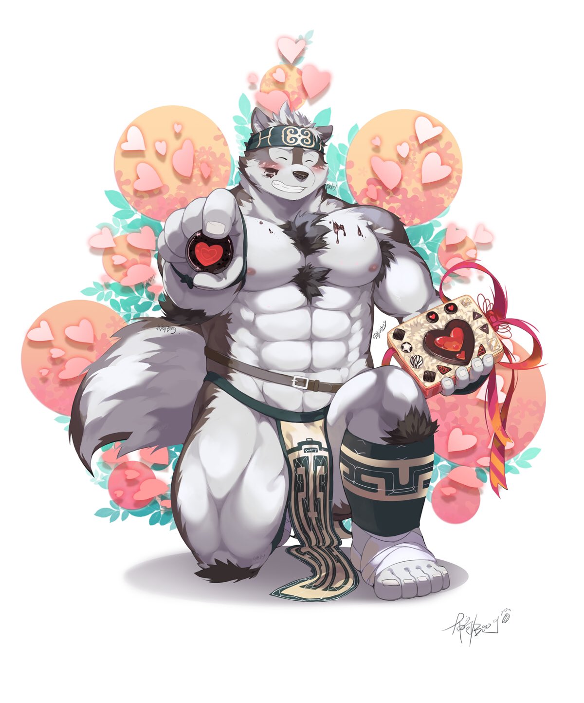 1boy abs animal_ears bara bare_chest blush boogbogex bulge candy chest chocolate chocolate_heart closed_eyes food food_on_body full_body furry grey_fur grey_hair headband heart highres horkeu_kamui_(tokyo_houkago_summoners) incoming_food incoming_gift kneeling male_focus multicolored_hair muscle navel nipples short_hair silver_hair solo tail thick_thighs thighs tokyo_houkago_summoners two-tone_fur valentine white_fur wolf_boy wolf_ears wolf_tail