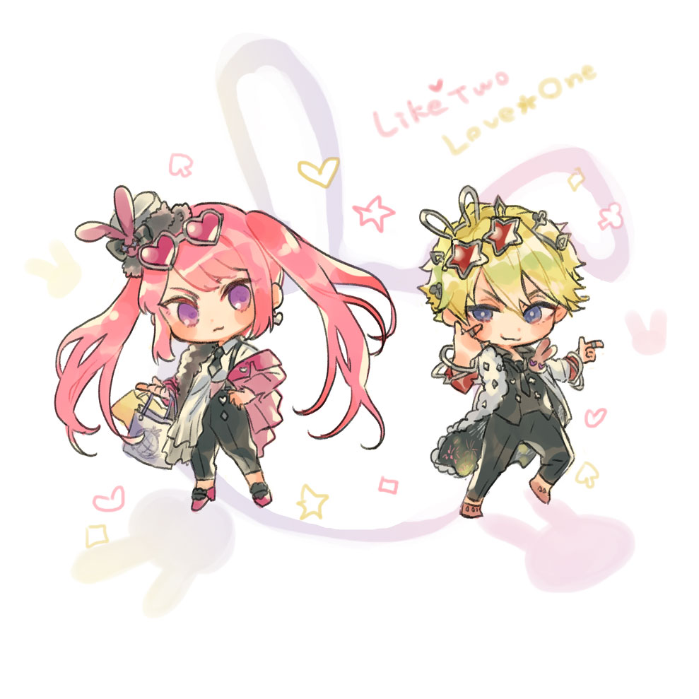 2boys akannnoka alternate_costume animal_ears bag blonde_hair blue_eyes bracelet character_name chibi crossdressinging earrings eyewear_on_head fake_animal_ears hair_ornament hairband hand_on_hip hat high_heels jewelry like_two_(senjuushi) like_two_(senjuushi)_(all) long_hair love_one_(senjuushi) multiple_boys otoko_no_ko pink_hair rabbit_ears ring senjuushi:_the_thousand_noble_musketeers senjuushi_(series) shopping_bag short_hair single_earring sunglasses twintails very_long_hair violet_eyes