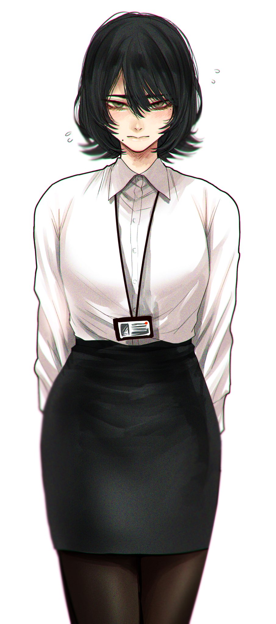 1girl arm_behind_back bangs black_hair black_skirt blurry blush collared_shirt commentary_request flying_sweatdrops hair_between_eyes highres hoshi_san_3 long_sleeves looking_at_viewer medium_hair mole mole_on_neck mole_under_eye mole_under_mouth office_lady original pantyhose pencil_skirt shirt simple_background skirt solo white_background white_shirt
