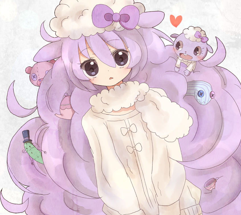 1girl bangs black_eyes blush character_request fur_scarf handlebar_mustache hat lavender_background long_hair long_sleeves looking_at_viewer manmi open_mouth pajamas patchouli_knowledge pickle solo top_hat touhou very_long_hair white_pajamas