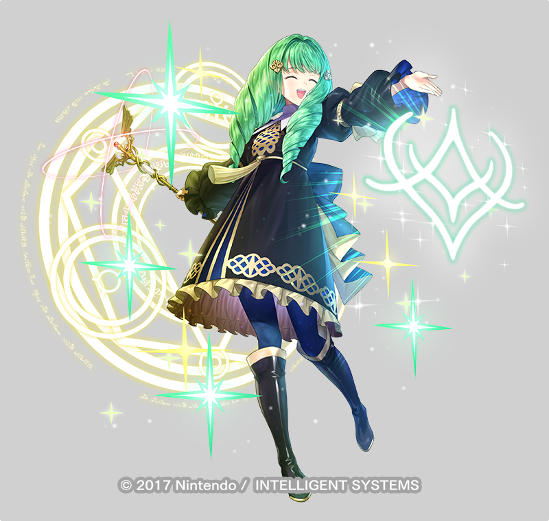 1girl :d ^_^ bangs black_dress black_footwear blue_legwear boots closed_eyes dress eyebrows_behind_hair facing_viewer fire_emblem fire_emblem:_three_houses flayn_(fire_emblem) frilled_dress frills full_body green_hair grey_background hair_ornament holding holding_staff knee_boots kousei_horiguchi long_hair long_sleeves magic_circle official_art open_mouth outstretched_arm pantyhose puffy_long_sleeves puffy_sleeves simple_background sleeves_past_wrists smile solo staff standing standing_on_one_leg upper_teeth watermark