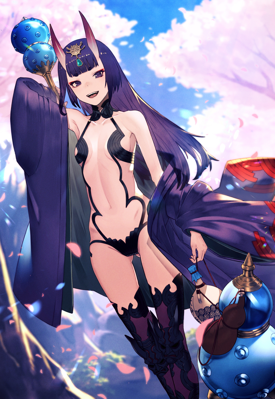 1girl bangs bare_shoulders bob_cut breasts collarbone eyeliner fate/grand_order fate_(series) headpiece highres horns japanese_clothes kimono long_hair long_sleeves looking_at_viewer makeup oni oni_horns open_mouth purple_hair purple_kimono relayrl revealing_clothes shuten_douji_(fate/grand_order) skin-covered_horns small_breasts smile violet_eyes wide_sleeves