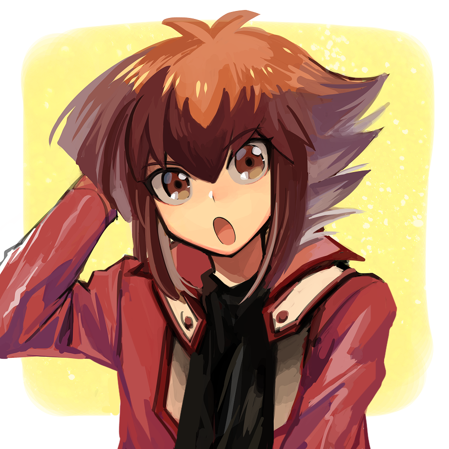 :o black_shirt border brown_eyes brown_hair duel_academy_uniform_(yuu-gi-ou_gx) hair_between_eyes hand_on_own_head jacket looking_at_viewer male_focus open_mouth red_jacket shirt sidelocks simple_background sk816 upper_body white_border yu-gi-oh! yu-gi-oh!_gx yuuki_juudai