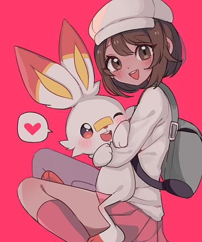 1girl backpack bag bangs blush brown_eyes brown_hair cabbie_hat clarevoir commentary commission dark_skin english_commentary eyebrows_visible_through_hair from_side gen_8_pokemon gloria_(pokemon) happy hat heart hug hug_from_behind kneehighs long_sleeves looking_at_viewer lowres miniskirt on_lap one_eye_closed open_mouth pink_background pleated_skirt pokemon pokemon_(creature) pokemon_(game) pokemon_on_lap pokemon_swsh red_eyes red_legwear red_skirt scorbunny shiny shiny_hair shirt short_hair simple_background sitting skirt smile speech_bubble spoken_heart teeth white_headwear white_shirt