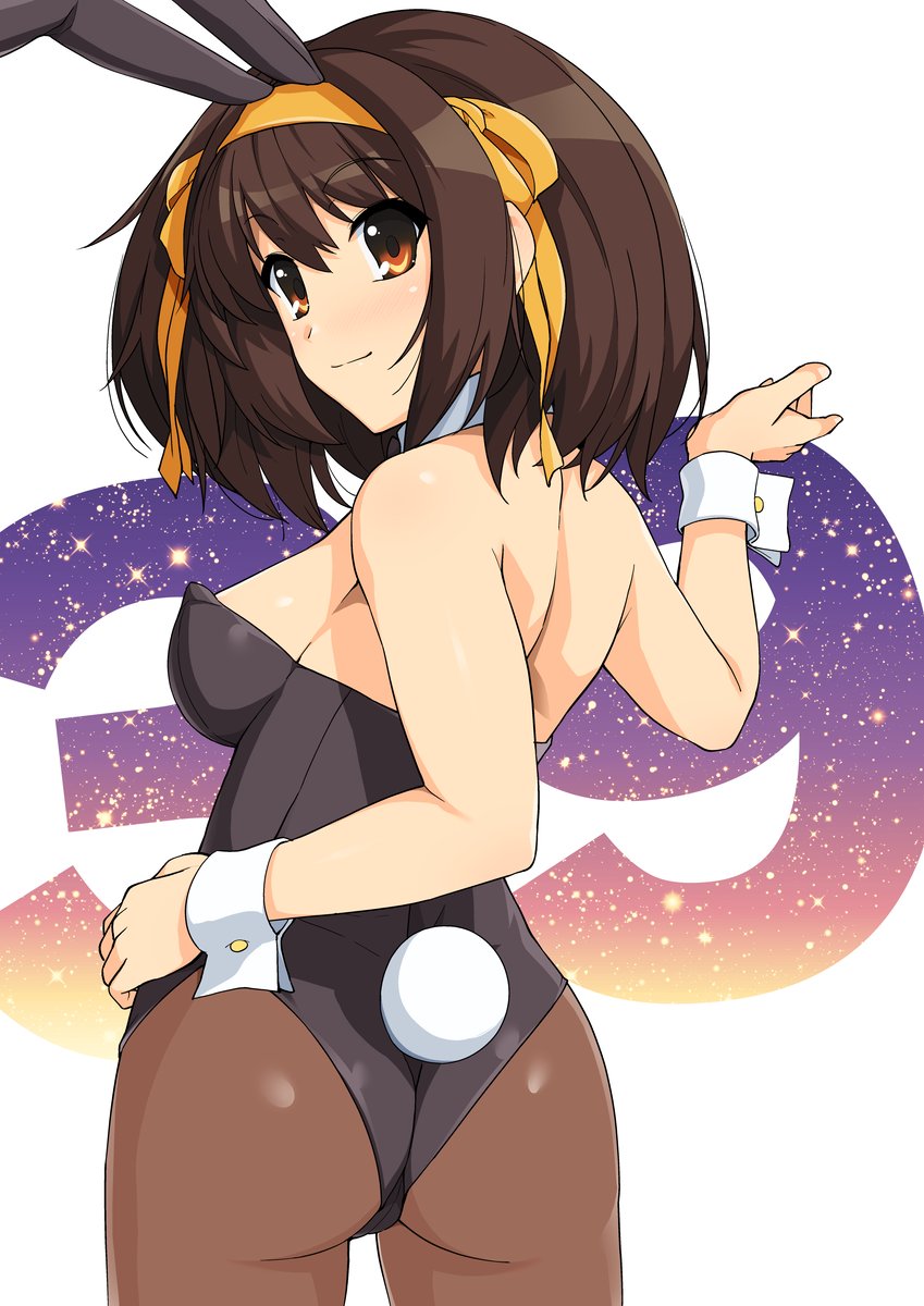 1girl animal_ears ass bangs breasts brown_eyes brown_hair bunny_tail commentary countdown hair_ribbon haruhisky highres leotard light_smile medium_breasts pantyhose playboy_bunny playboy_bunny_leotard rabbit_ears ribbon short_hair sidelocks sleeve_cuffs solo suzumiya_haruhi suzumiya_haruhi_no_yuuutsu tail yellow_ribbon