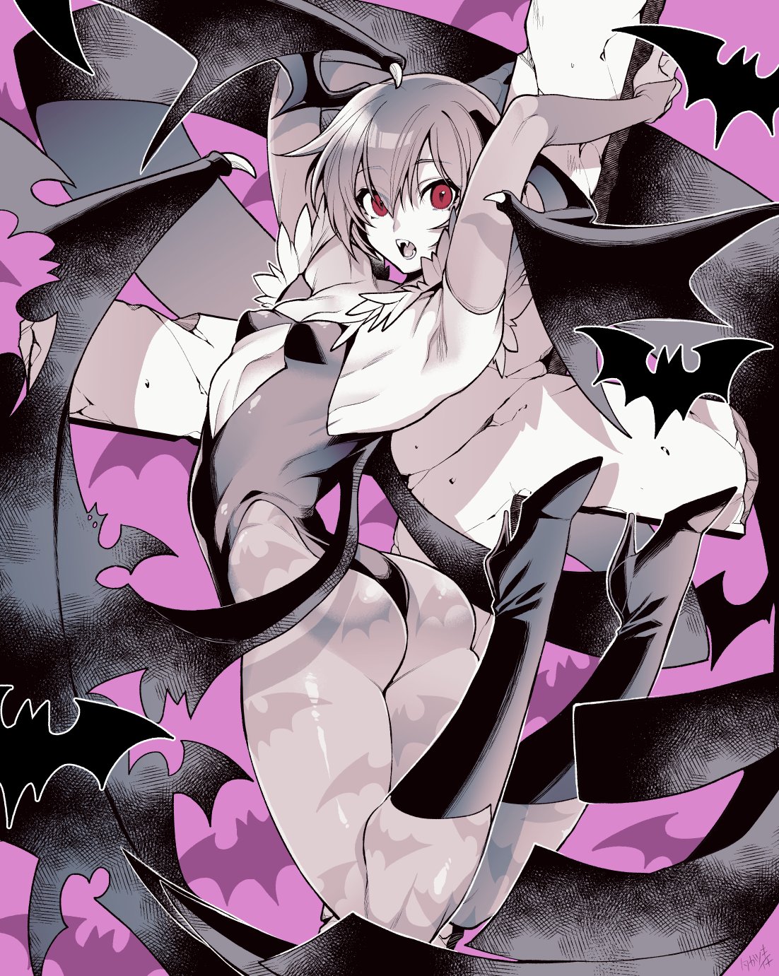 1girl animal animal_print ass bangs bat bat_print boots breasts commentary_request eyebrows_visible_through_hair fangs full_body head_wings high_heel_boots high_heels highleg highleg_leotard highres knee_boots leotard lilith_aensland looking_at_viewer open_mouth pantyhose purple_background shiny shiny_clothes short_hair simple_background small_breasts strapless strapless_leotard takatsuki_ichi twisted_torso vampire_(game) violet_eyes wings
