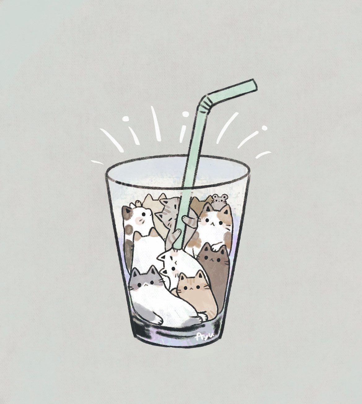 animal_focus ayu_(mog) cat commentary cup drinking_glass drinking_straw grey_background highres no_humans original signature simple_background symbol_commentary too_many too_many_cats