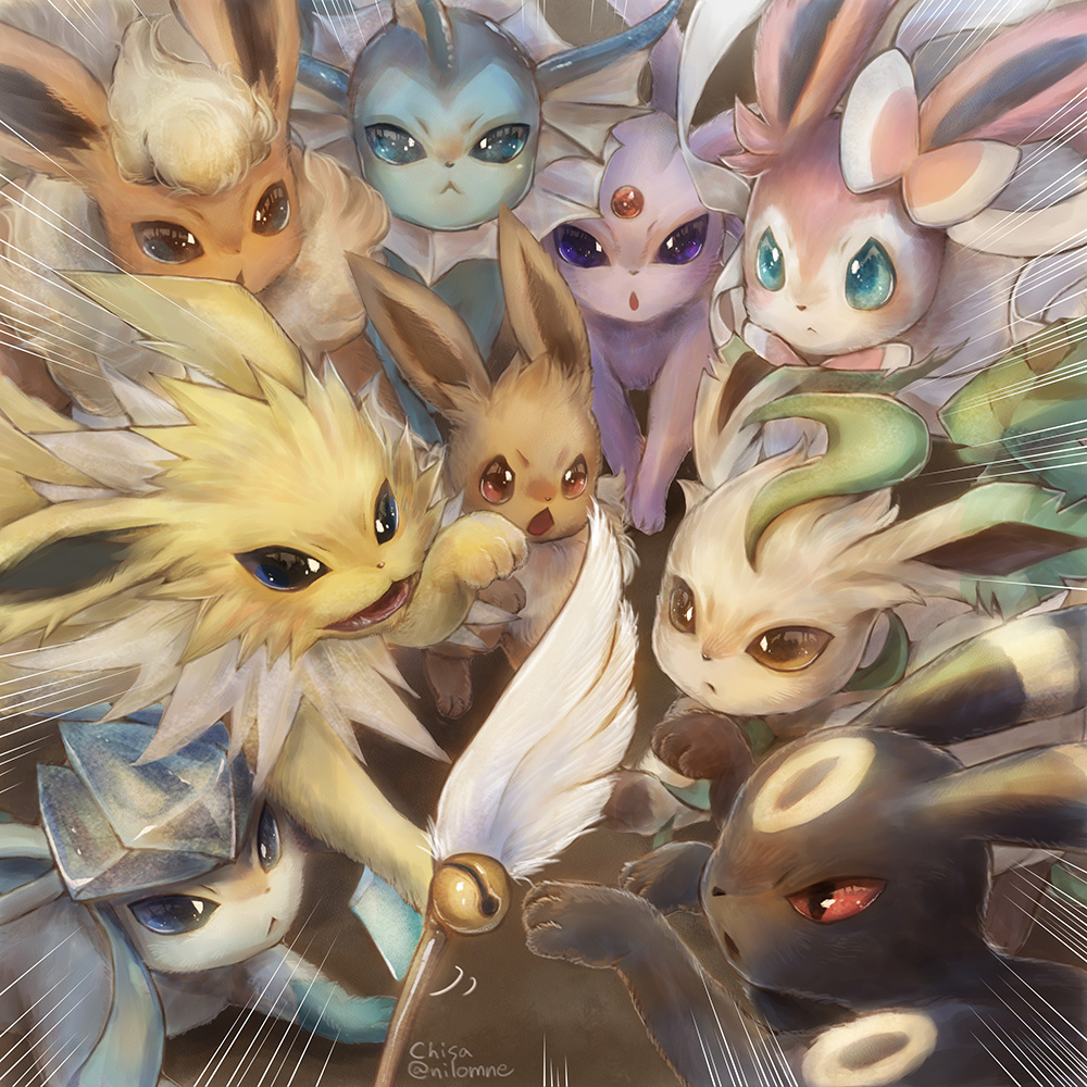 :&lt; artist_name blue_eyes brown_eyes brown_fur cat_teaser closed_mouth commentary_request eevee emphasis_lines espeon flareon gen_1_pokemon gen_2_pokemon gen_4_pokemon gen_6_pokemon glaceon jolteon leafeon momomo12 no_humans open_mouth paws pokemon pokemon_(creature) sylveon umbreon vaporeon violet_eyes watermark