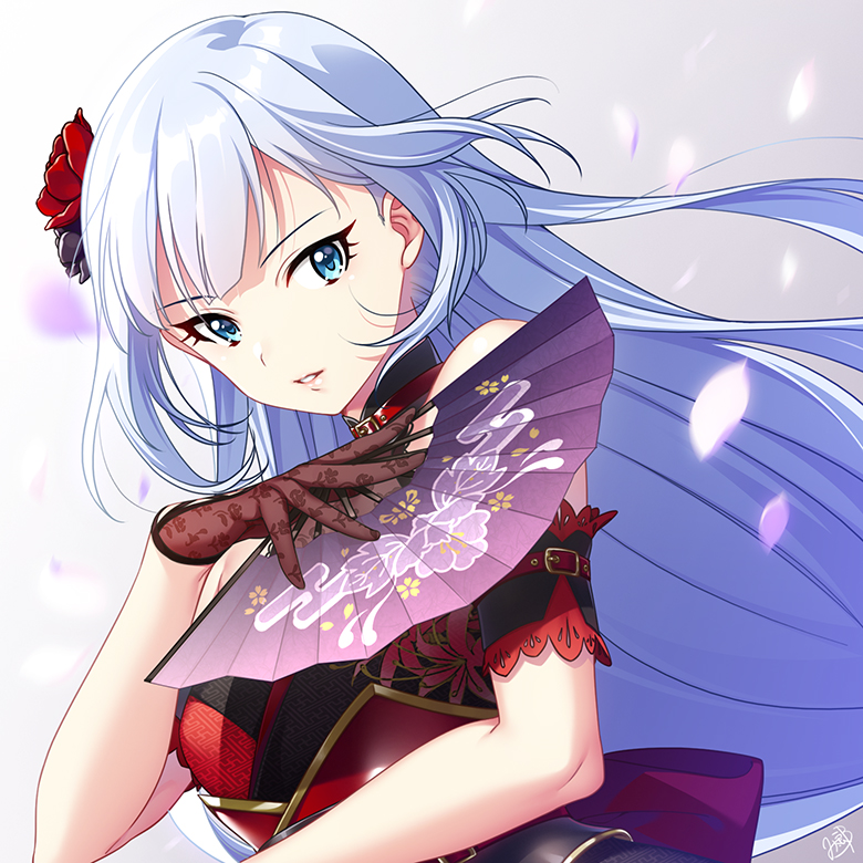 1girl armband bangs black_gloves blue_eyes commentary_request fan flower folding_fan gloves grey_background hair_flower hair_ornament idolmaster idolmaster_million_live! idolmaster_million_live!_theater_days light_blue_hair long_hair looking_at_viewer mikapoe petals red_flower red_rose rose shiraishi_tsumugi sleeveless solo upper_body wind