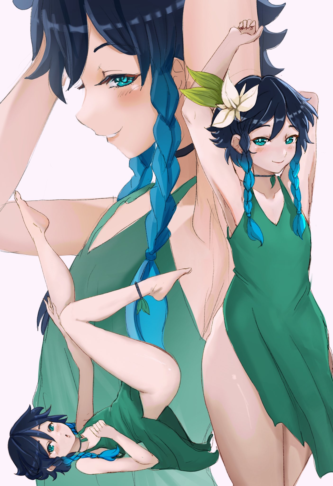 1boy anklet aqua_eyes armpits arms_up bangs bare_arms bare_legs blue_hair braid choker collarbone dress english_commentary eyelashes feet_out_of_frame flower foxxarius genshin_impact gradient_hair green_dress hair_flower hair_ornament highres jewelry legs legs_up looking_at_viewer lying medium_hair multicolored_hair multiple_views naughty_face on_back open_mouth otoko_no_ko seductive_smile shiny shiny_hair sidelocks smile strapless thighs upper_body venti_(genshin_impact) white_background