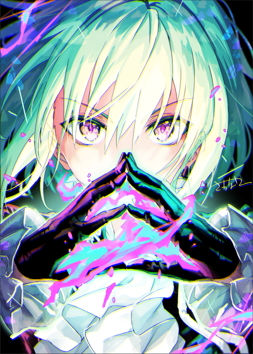 1boy bangs black_gloves fingers_together fire gloves green_hair hair_between_eyes lio_fotia long_sleeves male_focus promare purple_fire sakanahen signature solo steepled_fingers upper_body violet_eyes white_neckwear