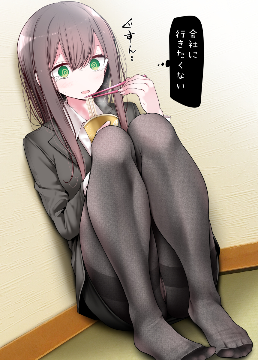 1girl @_@ bangs black_legwear black_skirt blush brown_hair chopsticks collared_shirt crotch_seam crying crying_with_eyes_open eating food green_eyes highres holding holding_chopsticks holding_food long_hair long_sleeves ol-chan_(oouso) oouso original panties panties_under_pantyhose pantyhose pencil_skirt ramen shirt sidelocks sitting skirt solo sweat tears underwear white_shirt