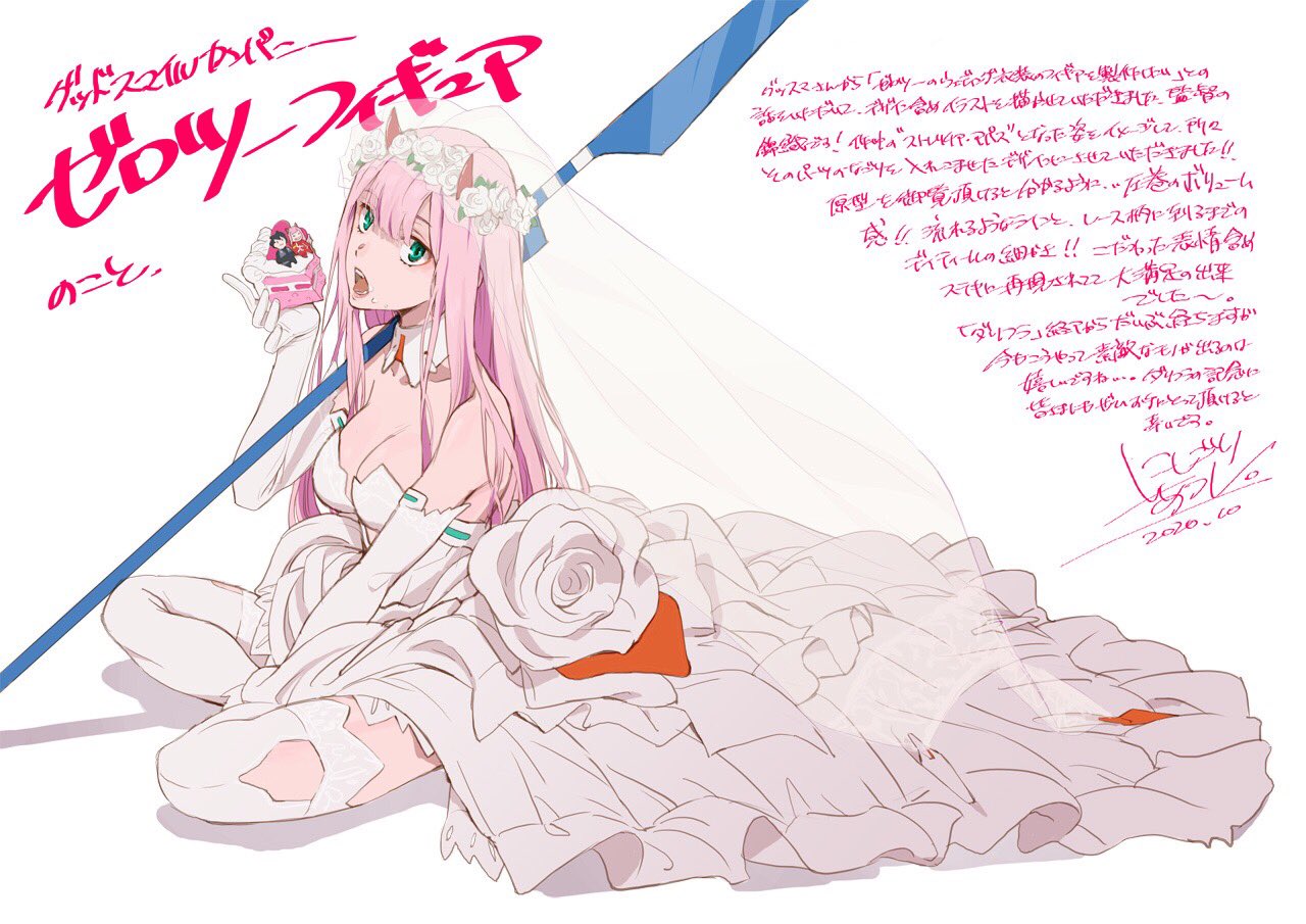 breasts bridal_veil bride cake cake_slice darling_in_the_franxx dress flower food formal gloves green_eyes hiro_(darling_in_the_franxx) horns medium_breasts official_art oni_horns pink_hair red_horns rose veil wedding_dress white_dress white_flower white_gloves white_rose zero_two_(darling_in_the_franxx)