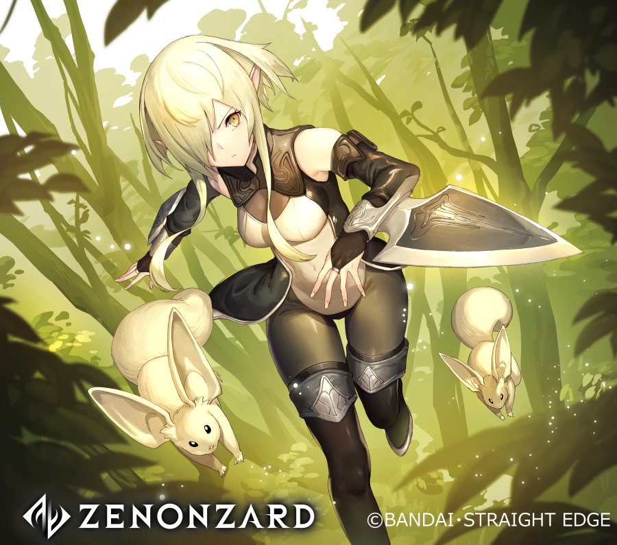 1girl bare_shoulders blonde_hair breasts bridal_gauntlets closed_mouth covered_navel creature elbow_gloves forest gloves grey_legwear hair_over_one_eye km_yama large_breasts looking_at_viewer nature one_eye_covered orange_eyes pantyhose pointy_ears running short_hair_with_long_locks sidelocks solo squirrel tree wrist_blades zenonzard