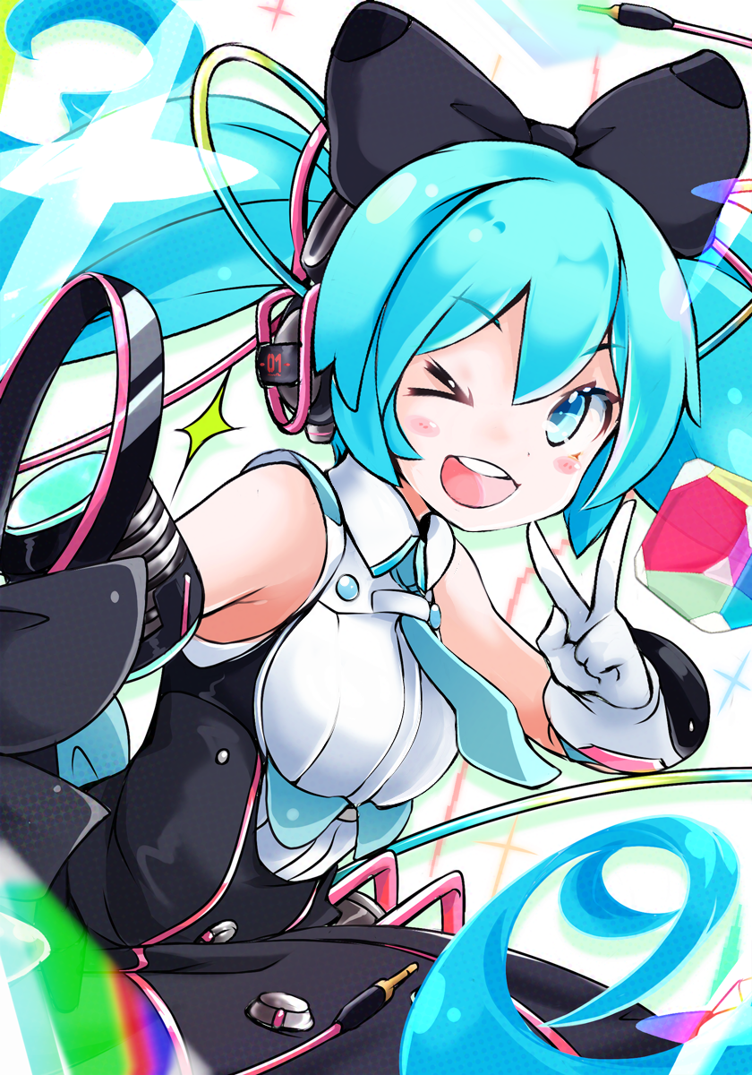 1girl akino_coto aqua_eyes aqua_hair aqua_neckwear bangs black_bow blush_stickers bow breasts commentary eyebrows_visible_through_hair gloves hair_bow hatsune_miku headphones highres looking_at_viewer magical_mirai_(vocaloid) makuhari-chan microphone necktie one_eye_closed open_mouth short_necktie small_breasts solo unplugged v vocaloid white_gloves