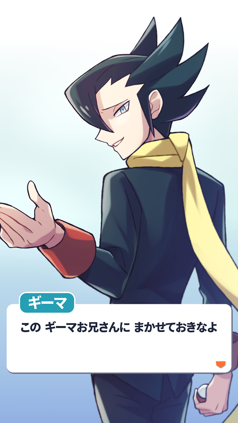 1boy bangs character_name cowboy_shot dialogue_box grimsley_(pokemon) highres holding holding_poke_ball jacket lobolobo2010 long_sleeves looking_at_viewer looking_back male_focus parted_lips poke_ball poke_ball_(basic) pokemon pokemon_(game) pokemon_bw pokemon_masters_ex scarf smile solo teeth translation_request yellow_scarf