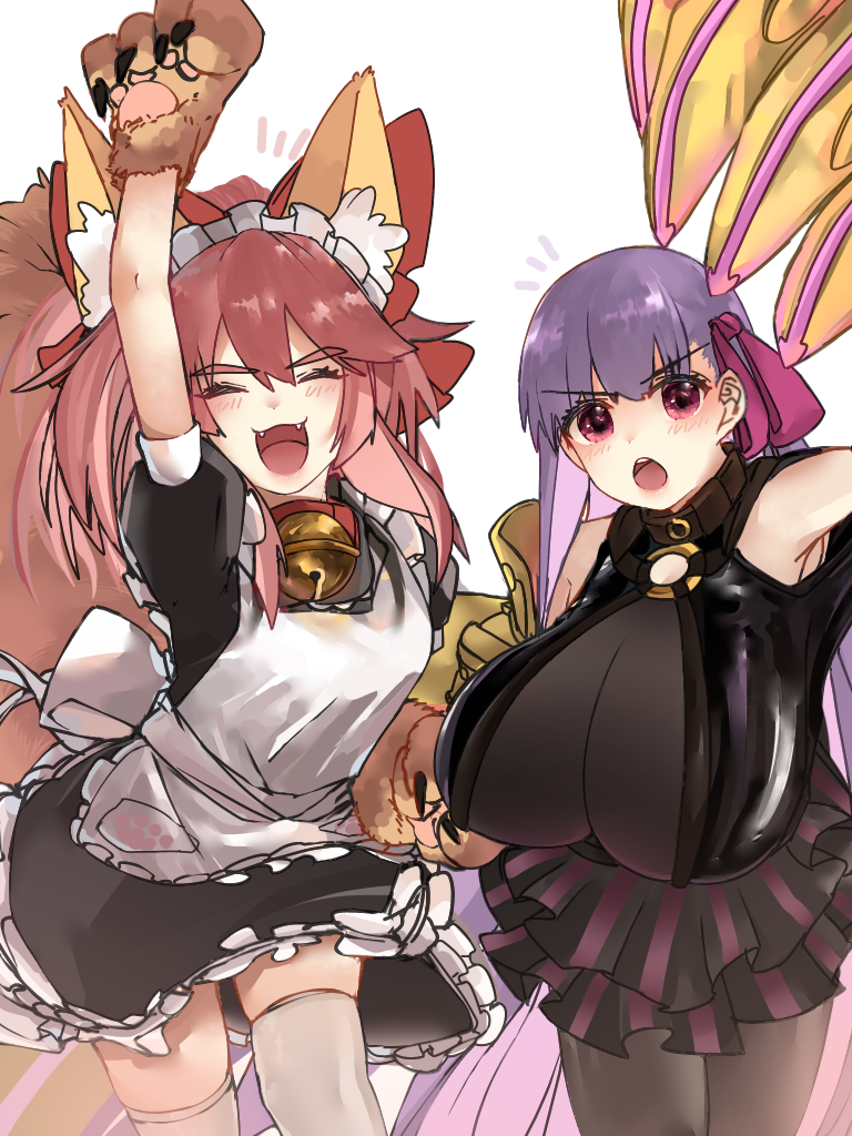 2girls alternate_costume animal_ear_fluff animal_ears anmochi_mochi apron bell bell_collar belt_collar breasts cat_paws claw_(weapon) claws closed_eyes collar crotch_plate enmaided fate/grand_order fate_(series) fox_ears fox_girl fox_tail gigantic_breasts gloves hair_ribbon jingle_bell large_breasts maid maid_apron maid_dress maid_headdress multiple_girls o-ring o-ring_top open_mouth passionlip paw_gloves paws pink_hair pink_ribbon purple_hair purple_ribbon ribbon tail tamamo_(fate)_(all) tamamo_cat_(fate) waist_apron weapon white_apron