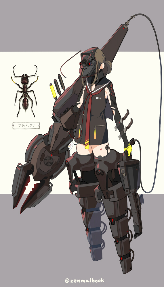 1girl ant ant_girl antennae black_dress black_sailor_collar brown_hair bug cable covered_face dress full_body insect mecha_musume neckerchief original red_neckwear sailor_collar solo zenmaibook