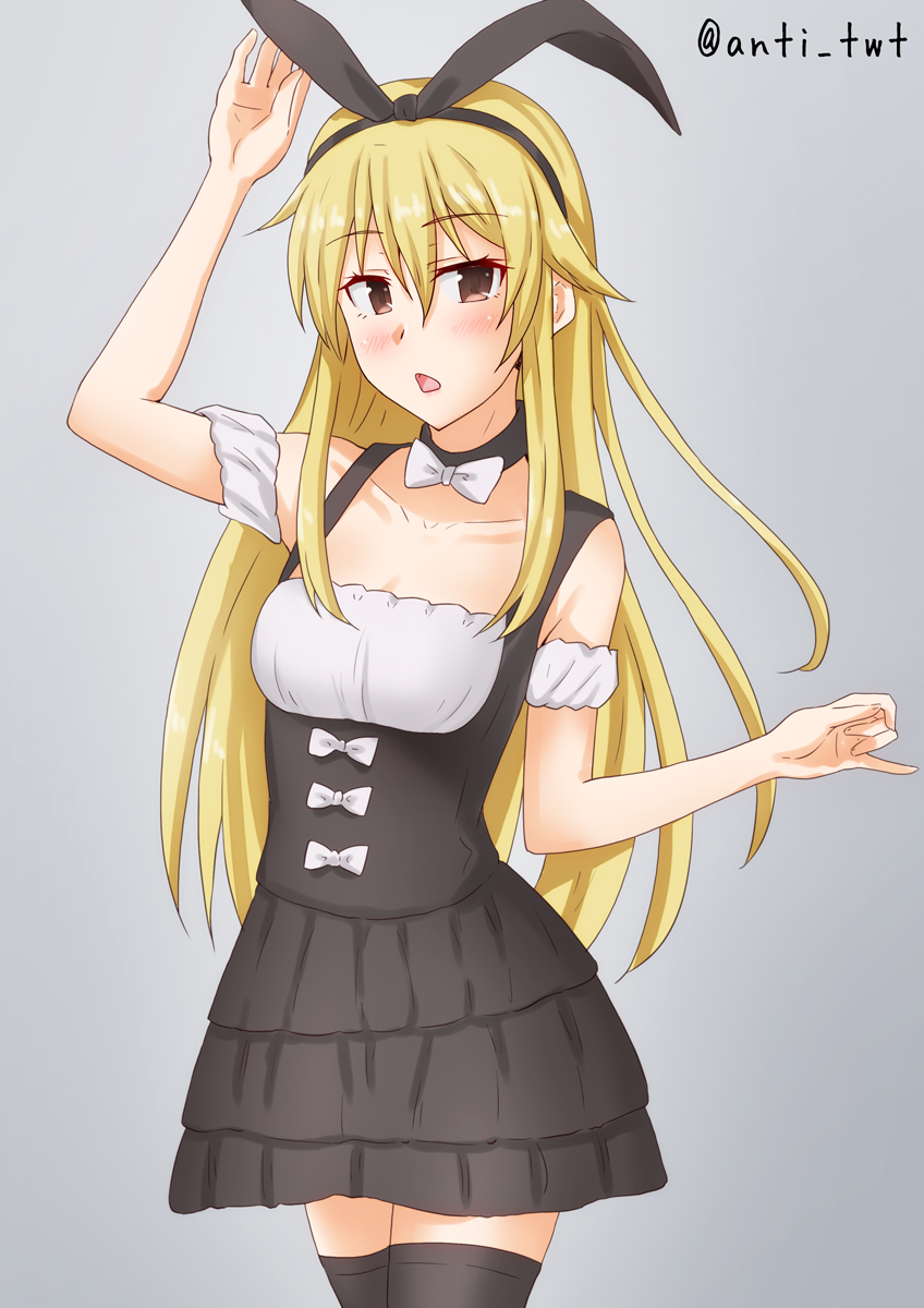 1girl alternate_costume anti_(untea9) black_dress black_hairband black_legwear blonde_hair blouse bow bowtie brown_eyes commentary_request cowboy_shot dress frilled_blouse grey_background hairband highres kantai_collection long_hair looking_at_viewer shimakaze_(kantai_collection) simple_background solo standing thigh-highs twitter_username white_blouse white_neckwear