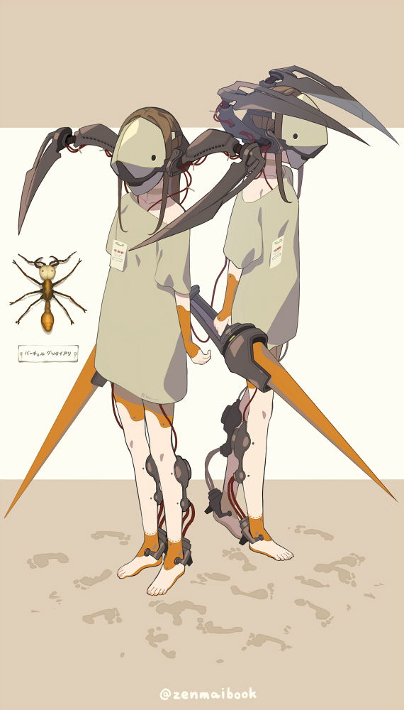 2girls barefoot brown_hair covered_face footprints full_body grey_shirt holding insect_request long_hair mecha_musume multiple_girls original shirt short_sleeves sidelocks standing zenmaibook