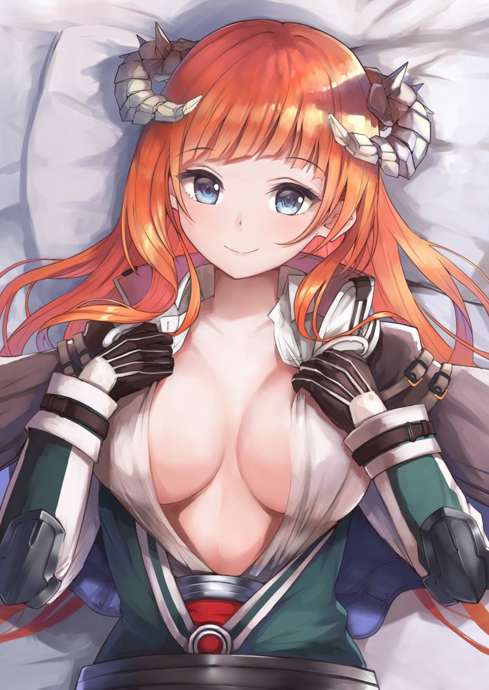 1girl arknights bagpipe_(arknights) bangs bed_sheet black_gloves blue_eyes breasts commentary_request eyebrows_visible_through_hair gloves green_jacket hands_up horns jacket large_breasts long_hair long_sleeves looking_at_viewer lying on_back orange_hair shirt smile solo upper_body white_shirt yuzuruka_(bougainvillea)