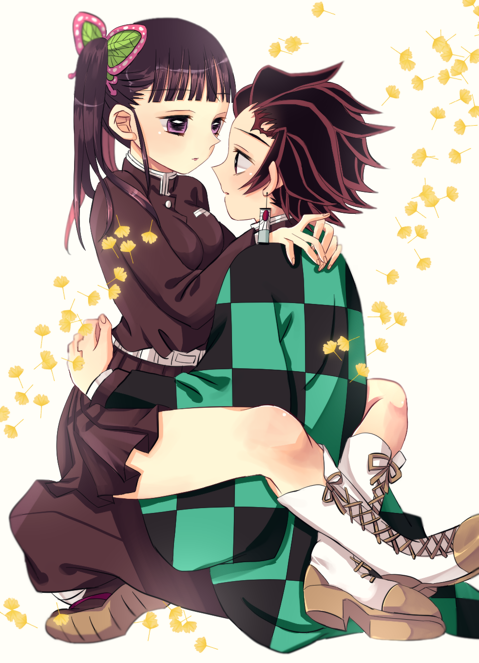 1boy 1girl bangs belt black_hair bug butterfly butterfly_hair_ornament checkered closed_mouth earrings facial_scar forehead_scar hair_ornament haori highres hug insect japanese_clothes jewelry kamado_tanjirou kimetsu_no_yaiba leg_lock long_hair long_sleeves looking_at_another scar shirokuma_(shiropan777) side_ponytail sitting sitting_on_person tsuyuri_kanao uniform violet_eyes white_belt