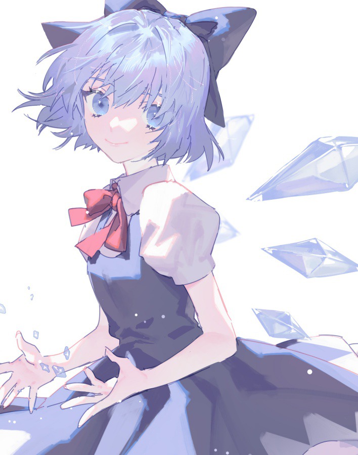 1girl blue_bow blue_dress blue_eyes blue_hair blurry bow breasts cirno closed_mouth commentary_request cowboy_shot depth_of_field dress eyebrows_behind_hair hair_bow ice ice_crystal ice_wings looking_at_viewer naomasap puffy_short_sleeves puffy_sleeves red_bow red_neckwear short_hair short_sleeves simple_background small_breasts smile solo touhou white_background wings