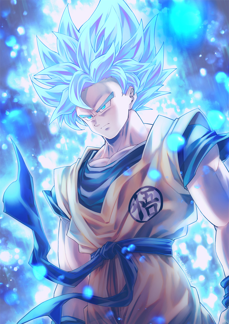 1boy arms_at_sides blue_eyes blue_hair closed_mouth dougi dragon_ball dragon_ball_super dutch_angle male_focus mattari_illust muscle sash serious solo son_gokuu standing super_saiyan super_saiyan_blue transformation