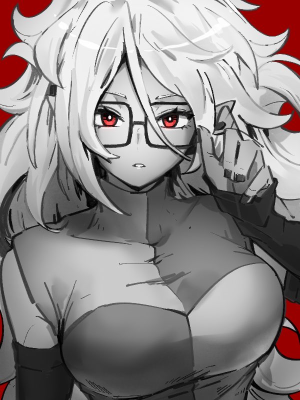 1girl android_21 breasts checkered checkered_dress dragon_ball dragon_ball_fighterz dress fingernails glasses greyscale hair_between_eyes hand_up kemachiku large_breasts long_hair looking_at_viewer monochrome nail_polish red_background red_eyes solo upper_body