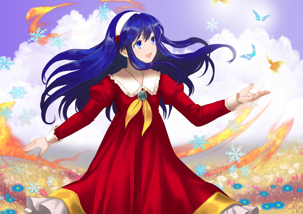 1girl :d bangs blue_eyes blue_flower blue_hair blurry blurry_background bug butterfly clouds day dress field fire_emblem fire_emblem:_the_binding_blade floating_hair flower flower_field green_flower green_rose hair_between_eyes hairband insect lilina_(fire_emblem) long_dress long_hair long_sleeves neckerchief open_mouth outdoors red_dress rose shiny shiny_hair shoochiku_bai smile snowflakes solo standing very_long_hair white_hairband yellow_neckwear