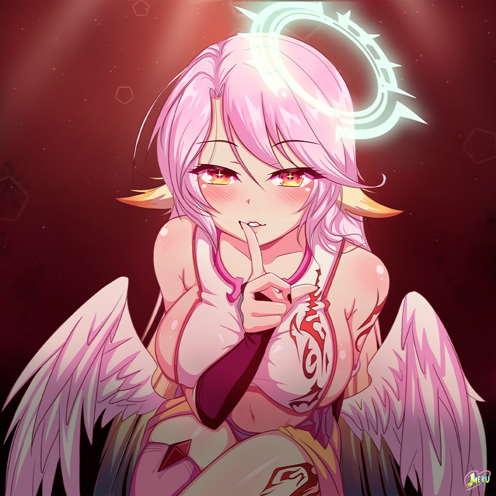 1girl angel_wings blush breasts bridal_gauntlets commentary_request crop_top cross feathered_wings finger_to_mouth gradient_eyes gradient_hair halo jibril_(no_game_no_life) large_breasts long_hair looking_at_viewer low_wings magic_circle meru_rumi midriff multicolored multicolored_eyes multicolored_hair naughty_face navel no_game_no_life orange_eyes pink_hair seductive_smile sideboob single_thighhigh smile solo symbol-shaped_pupils tattoo thigh-highs thighs very_long_hair white_wings wing_ears wings yellow_eyes