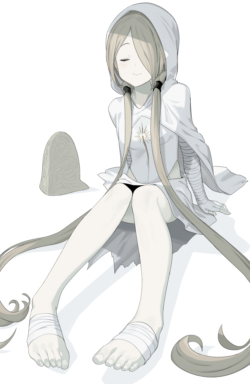 1girl bandaged_feet bangs barefoot blonde_hair blush cape closed_eyes closed_mouth facing_viewer foreshortening hair_over_one_eye highres hood hood_up hooded_cape km_yama knees_together_feet_apart leotard low_twintails one_eye_covered original pale_skin parted_bangs perspective simple_background sitting smile solo toenails twintails white_background white_cape white_leotard