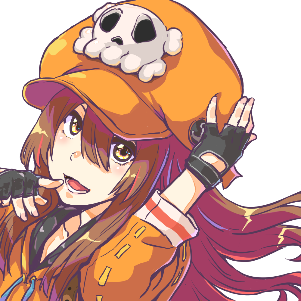 1girl anchor bangs brown_hair collarbone finger_to_chin fingerless_gloves gloves guilty_gear guilty_gear_strive hair_over_eyes hand_on_headwear hand_up jacket large_hat long_hair looking_at_viewer may_(guilty_gear) open_mouth orange_headwear orange_jacket skull_and_crossbones smile solo tomoe_no_kaminari upper_body yellow_eyes