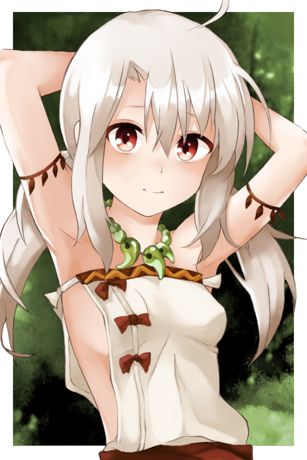 1girl 352672 alternate_costume alternate_hairstyle armpits arms_behind_head arms_up bead_necklace beads breasts cosplay fate/grand_order fate_(series) highres himiko_(fate) himiko_(fate)_(cosplay) illyasviel_von_einzbern jewelry long_hair magatama magatama_necklace necklace red_eyes small_breasts solo twintails upper_body white_hair